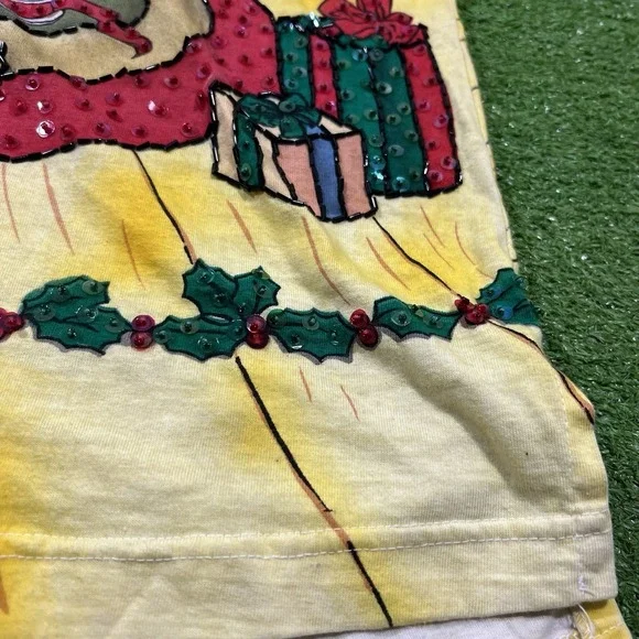 Vintage Disney Sequin Shirt LG Yellow Mickey All Over Print By Joujou Holiday - Picture 5 of 10